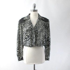 Vintage 80s Faux Leather Leopard Zebra Blouse M